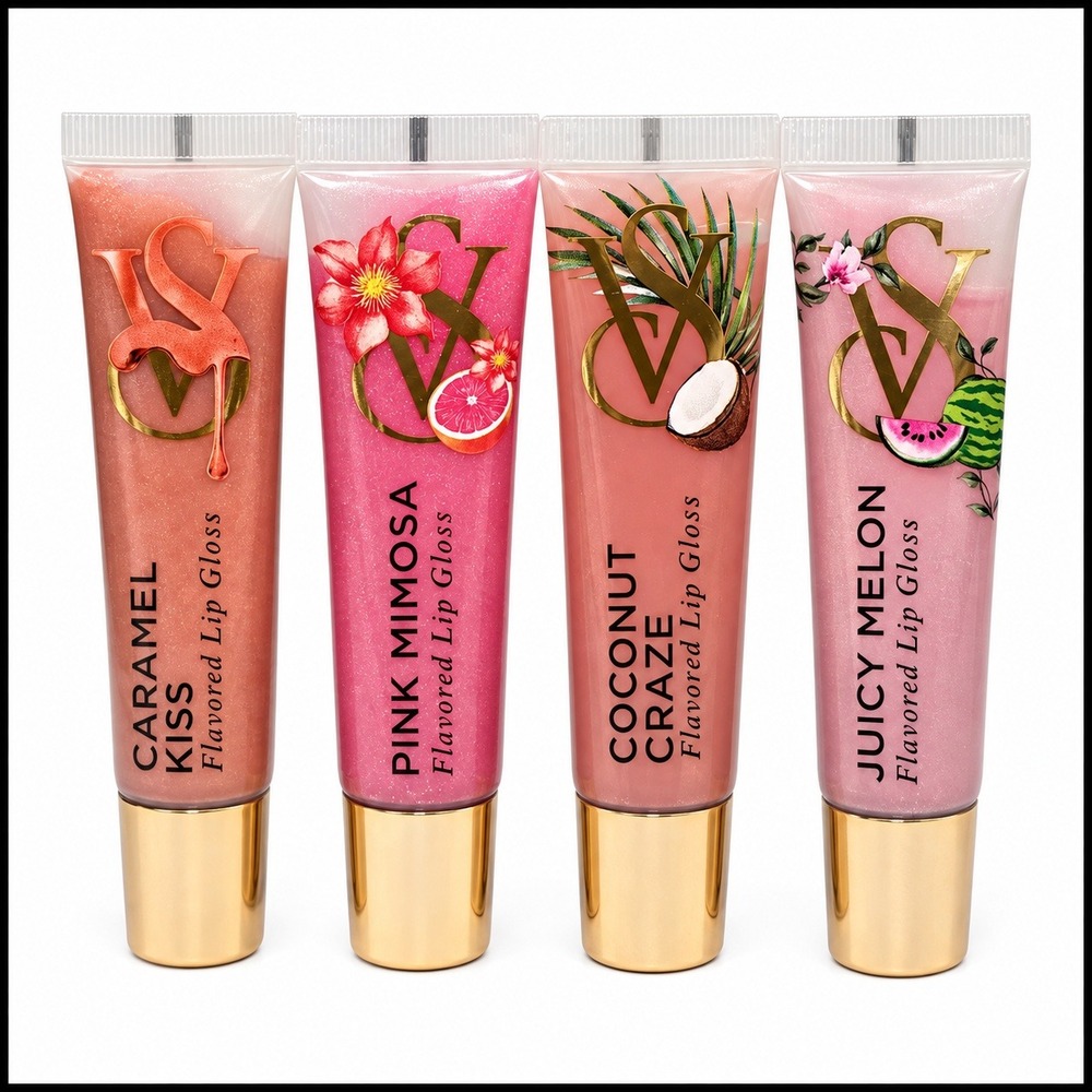 Victoria's Secret Flavored Lip Gloss Set 4 Caramel Mimosa Coconut Juicy Melon